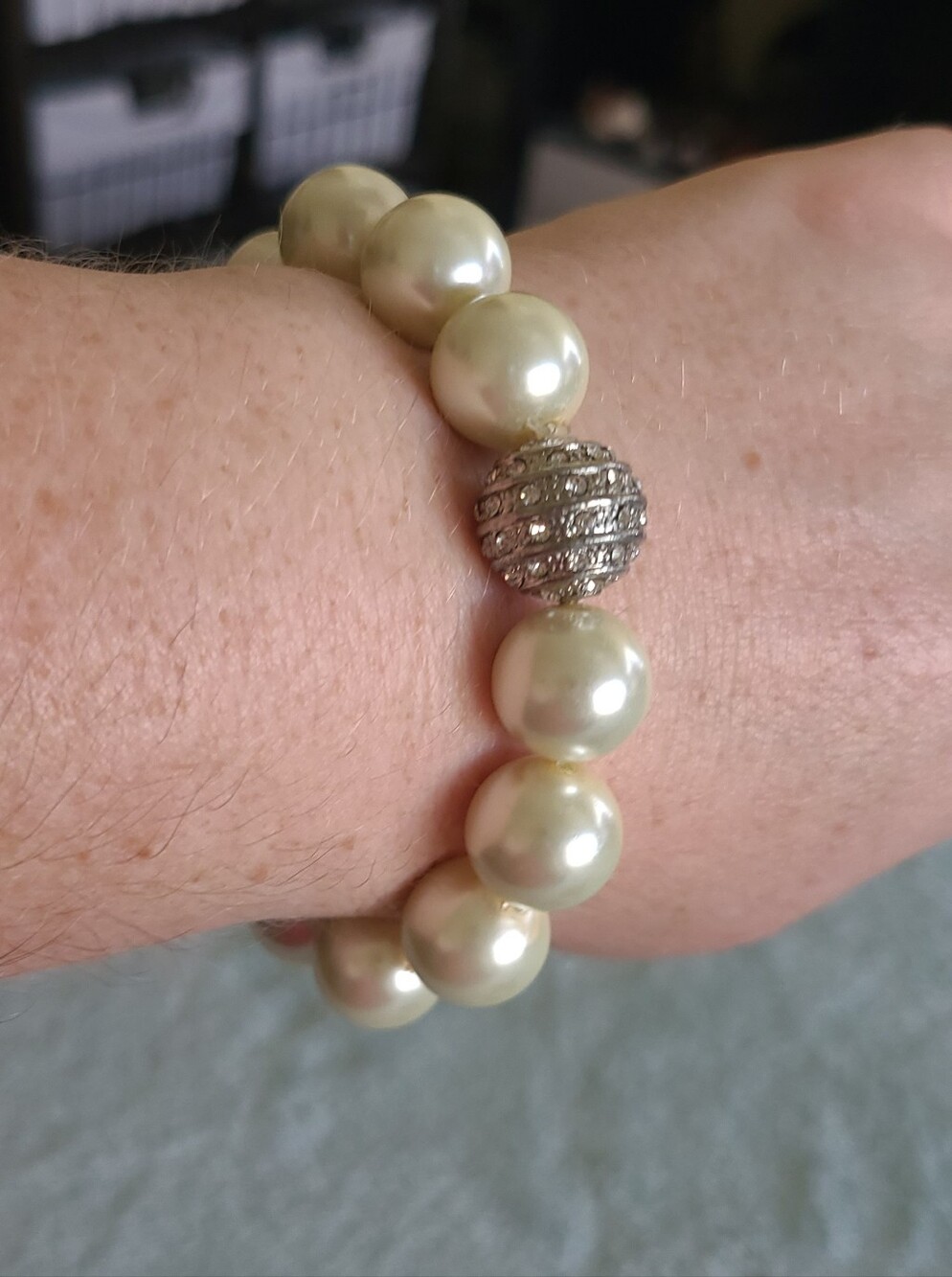 Vintage Cream Glass Pearl Stretch Bracelet with Silver Pave Accent